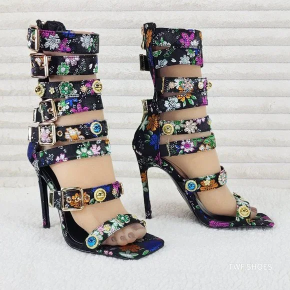 Floral Multi-Color Strappy Heels - Picture 12 of 14